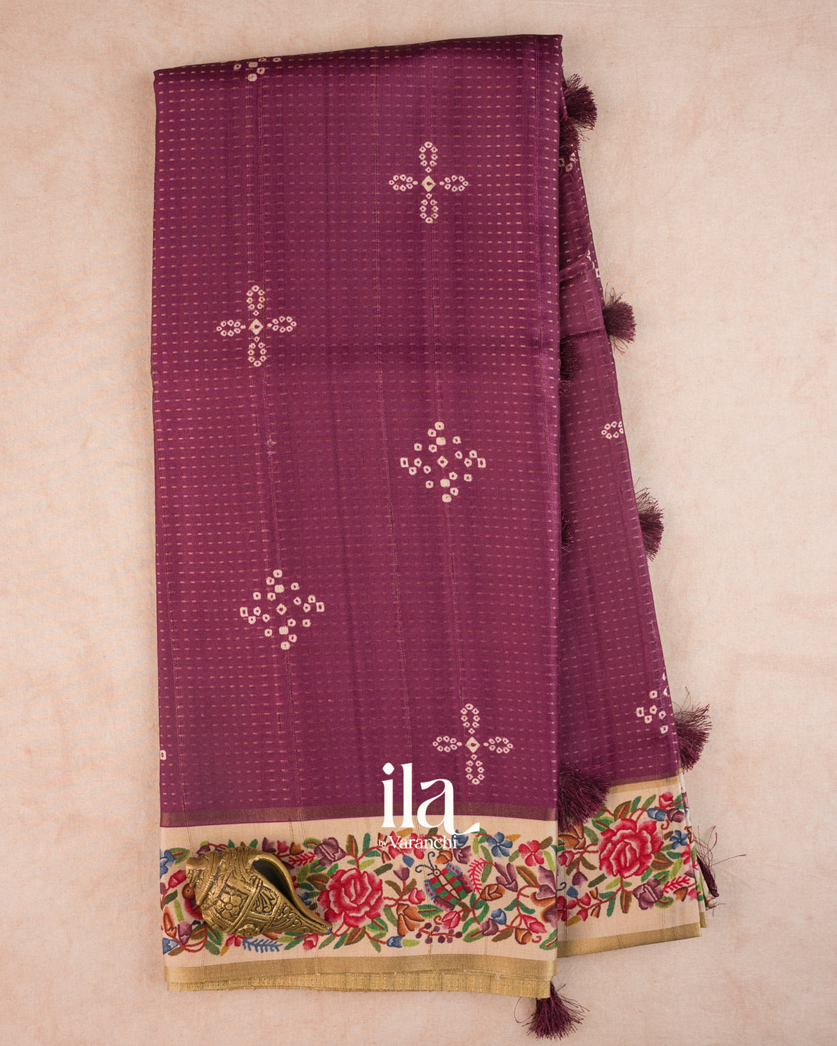 Wine Purple Printed Semi Tussar Silk Saree — Full Saree
