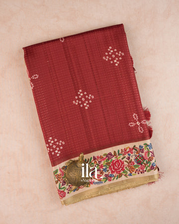 Maroon Printed Butta Semi Tussar Saree — Folded