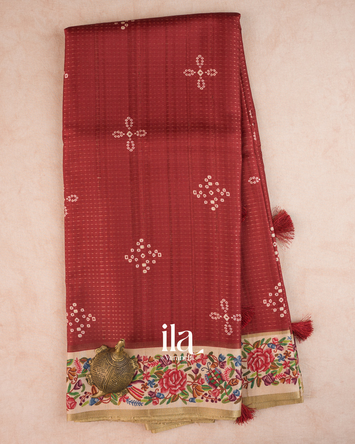 Maroon Printed Butta Semi Tussar Saree — Full Saree