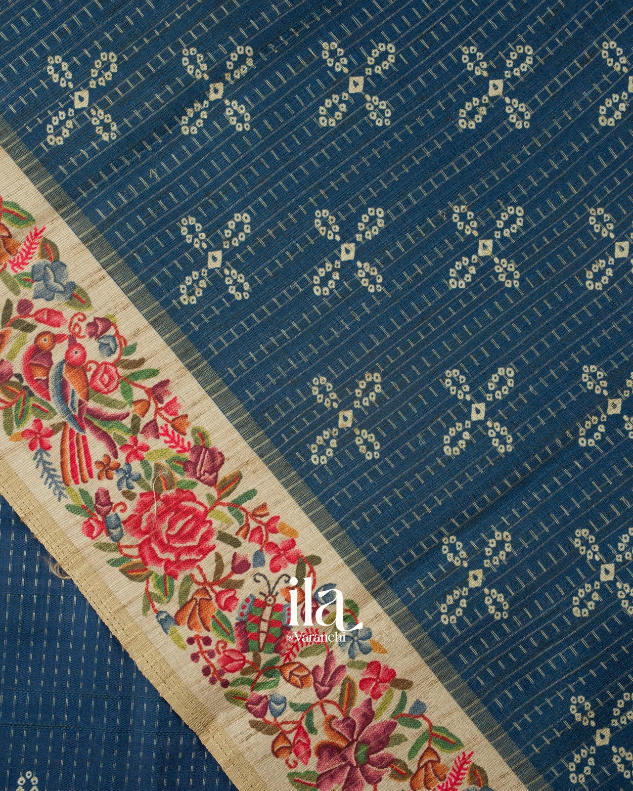 Navy Blue Printed Semi Tussar Saree