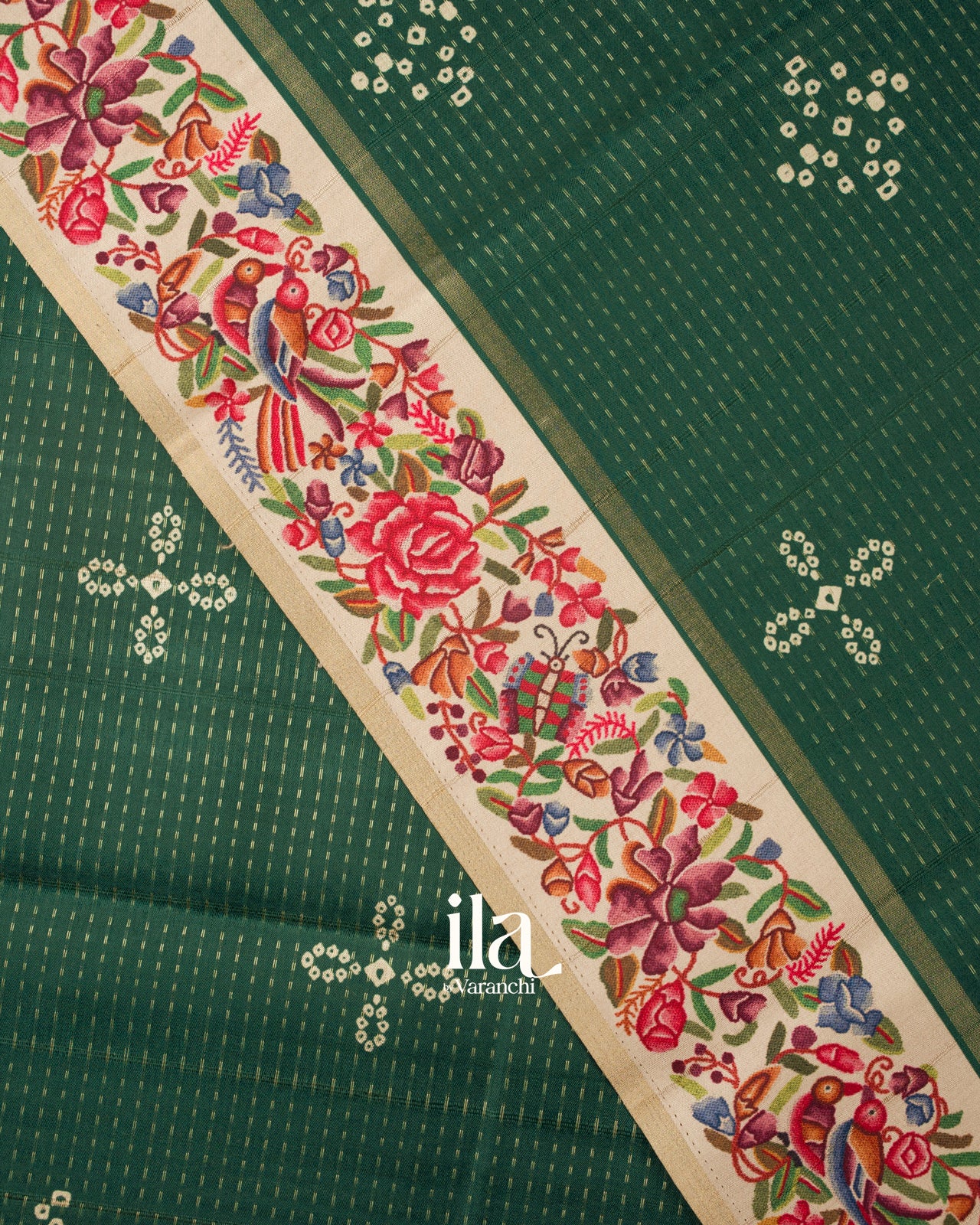 Bottle Green Printed Semi Tussar Saree