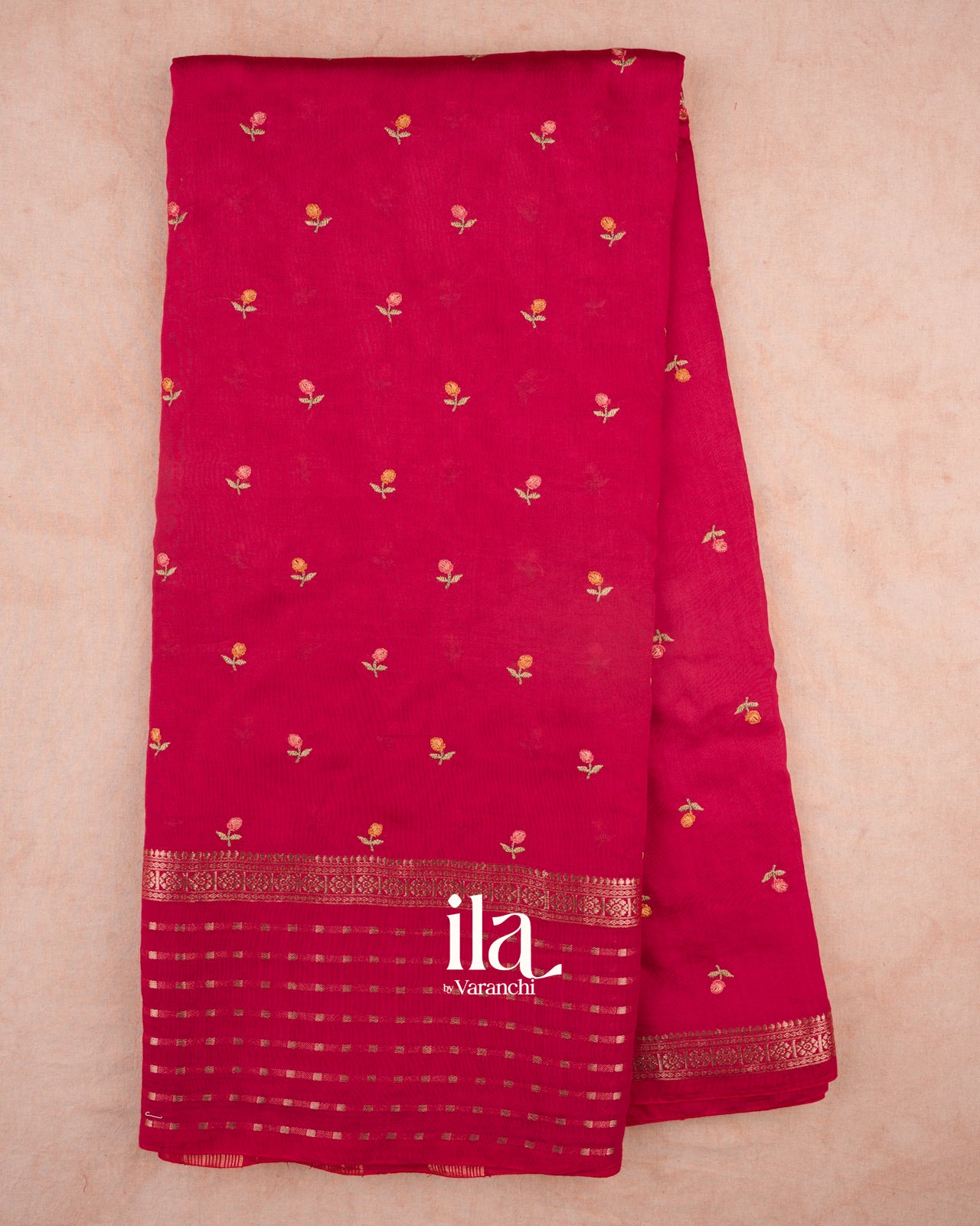 Rani Pink Floral Embroidered Assam Silk Saree