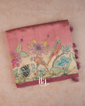 Pastel Pink Painted Floral Aari Work Semi Tussar Saree — Folded