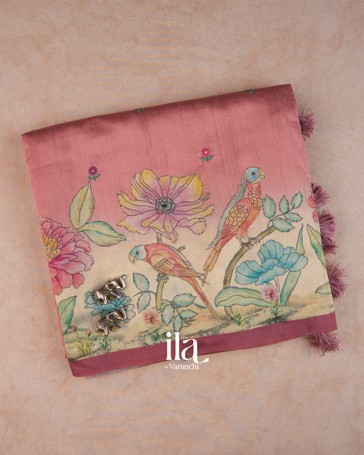 Pastel Pink Painted Floral Aari Work Semi Tussar Saree — Folded