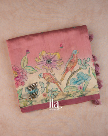 Pastel Pink Painted Floral Aari Work Semi Tussar Saree — Folded