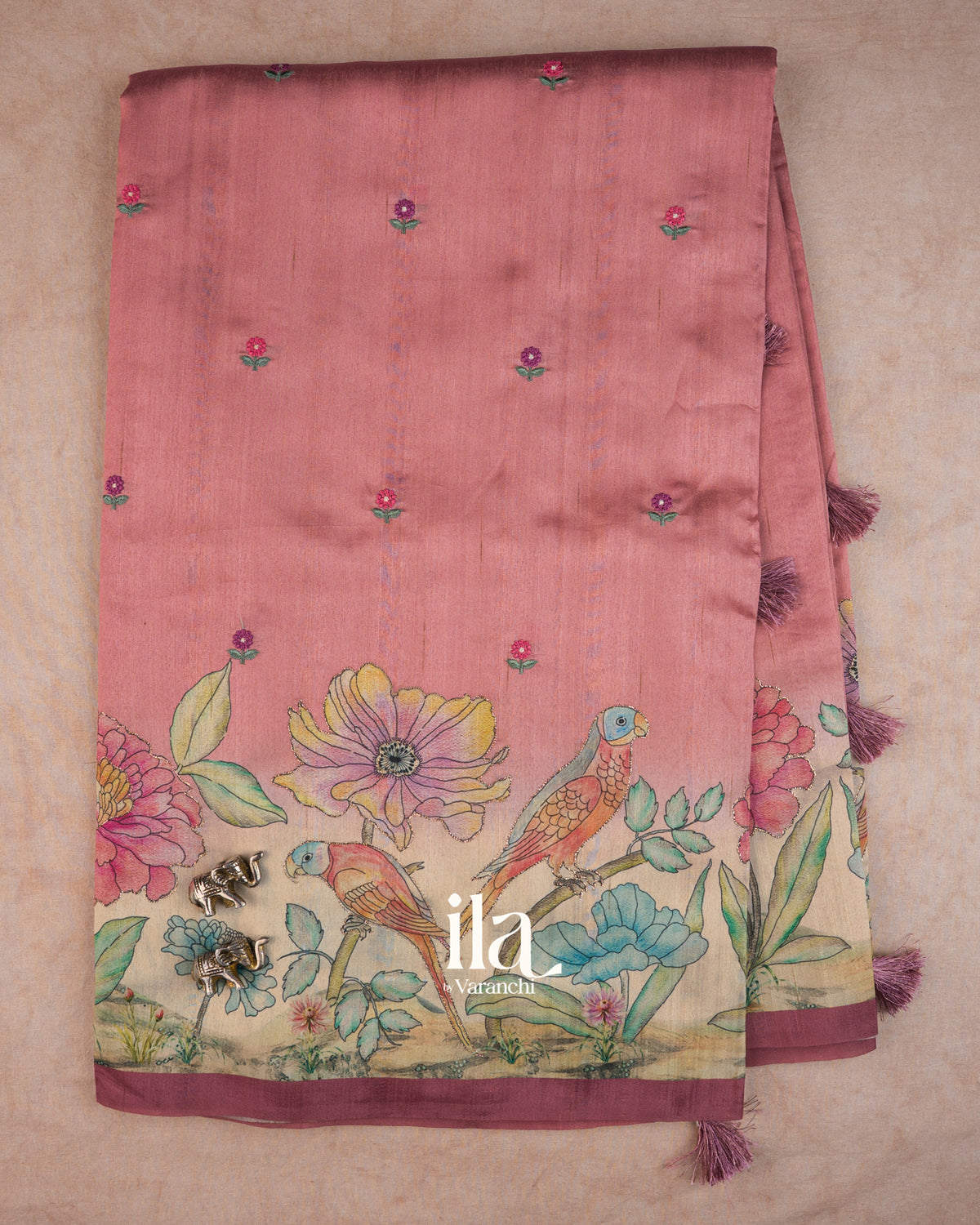 Pastel Pink Painted Floral Aari Work Semi Tussar Saree — Full Saree