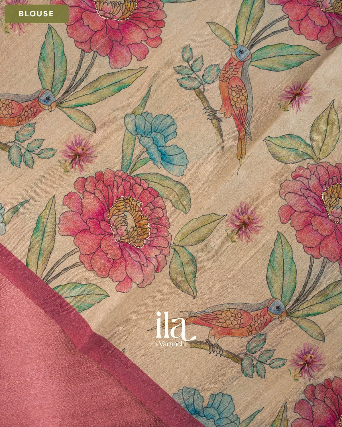 Pastel Pink Painted Floral Aari Work Semi Tussar Saree — Blouse