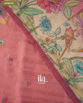 Pastel Pink Painted Floral Aari Work Semi Tussar Saree — Border