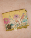 Mustard Yellow Painted Floral Aari Work Semi Tussar Saree — Folded