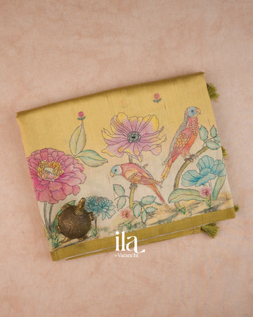 Mustard Yellow Painted Floral Aari Work Semi Tussar Saree — Folded