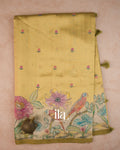 Mustard Yellow Painted Floral Aari Work Semi Tussar Saree — Full Saree