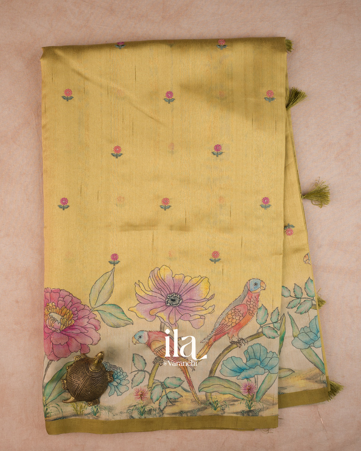 Mustard Yellow Painted Floral Aari Work Semi Tussar Saree — Full Saree