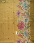 Mustard Yellow Painted Floral Aari Work Semi Tussar Saree — Pallu