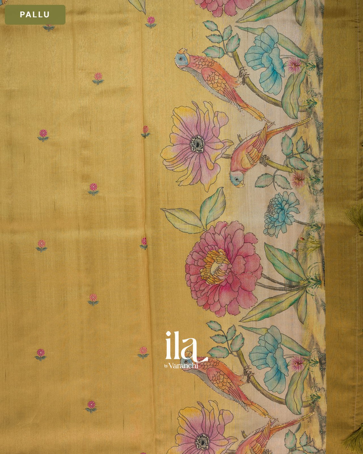 Mustard Yellow Painted Floral Aari Work Semi Tussar Saree — Pallu