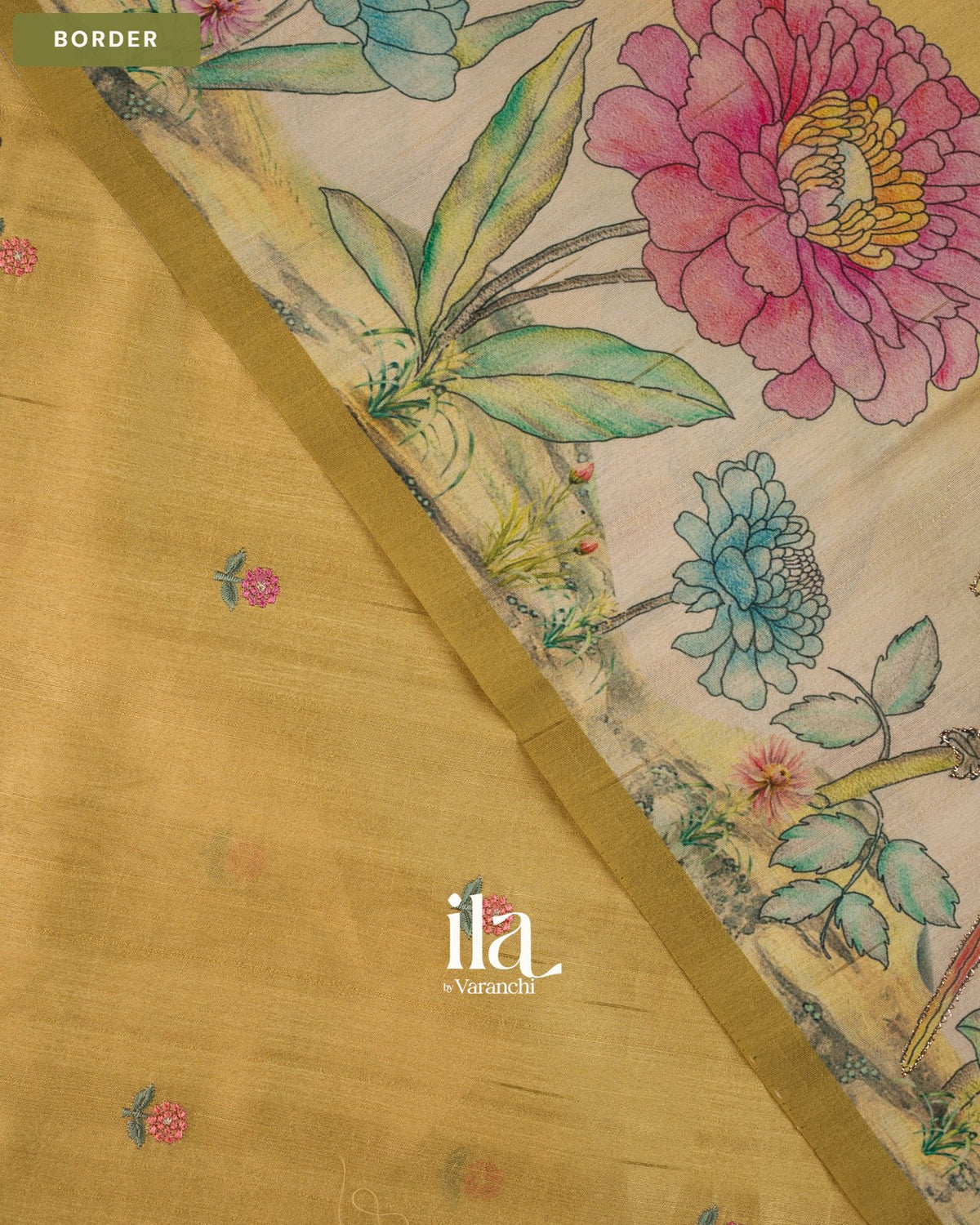 Mustard Yellow Painted Floral Aari Work Semi Tussar Saree — Border