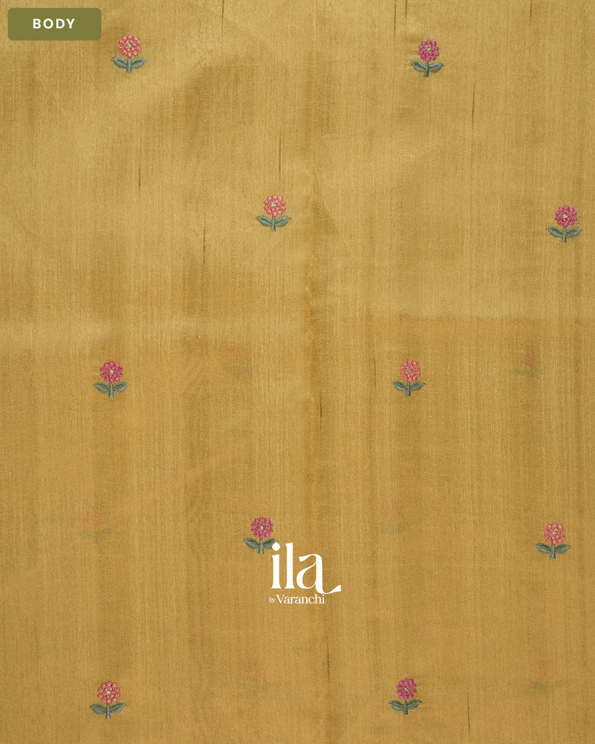 Mustard Yellow Painted Floral Aari Work Semi Tussar Saree — Body