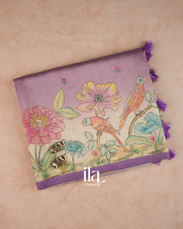 Pastel Purple Painted Floral Aari Work Semi Tussar Saree — Folded