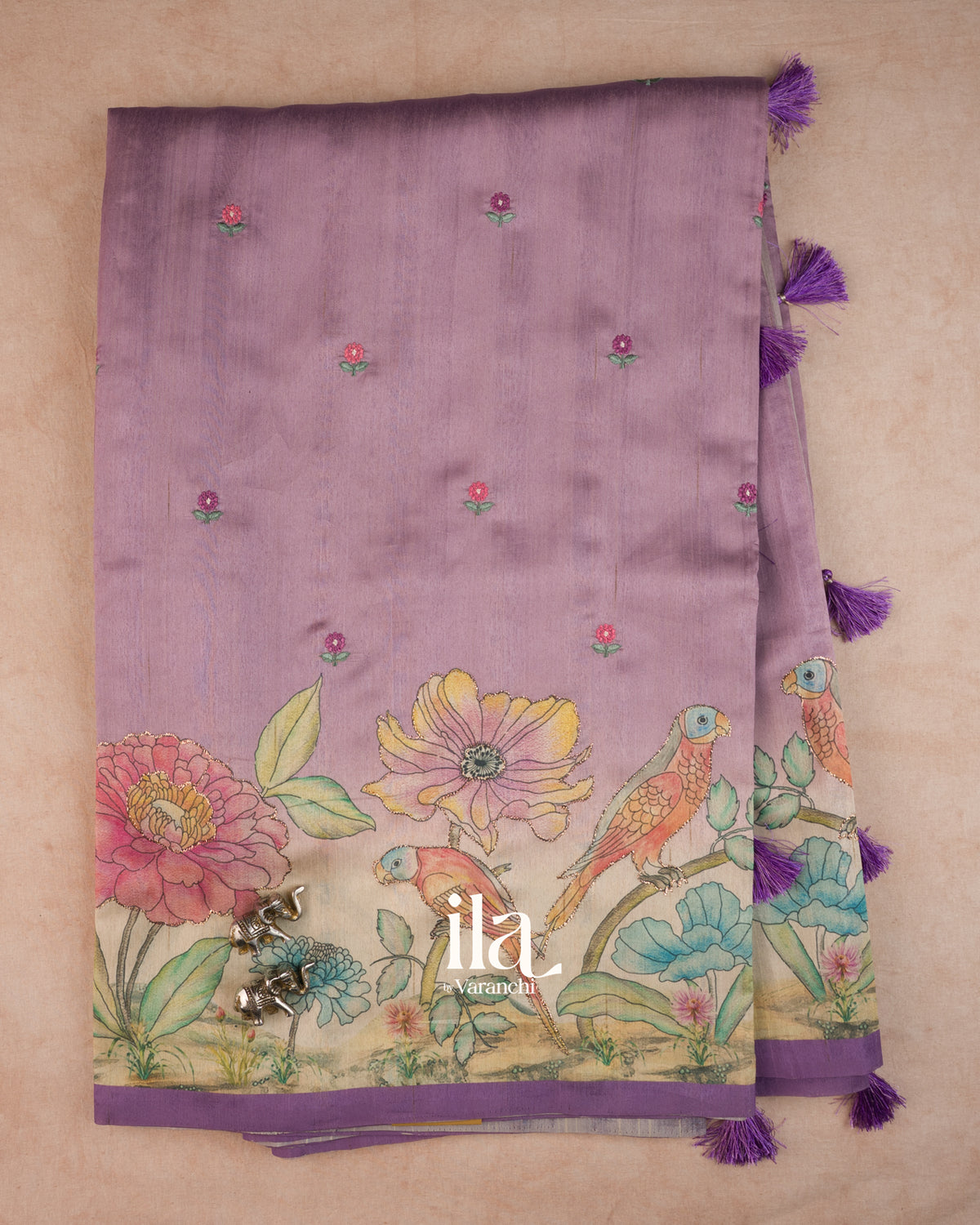 Pastel Purple Painted Floral Aari Work Semi Tussar Saree — Full Saree