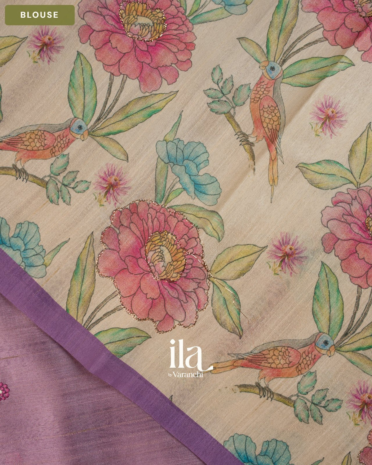 Pastel Purple Painted Floral Aari Work Semi Tussar Saree — Blouse