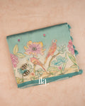 Pastel Blue Painted Floral Aari Work Semi Tussar Saree — Folded