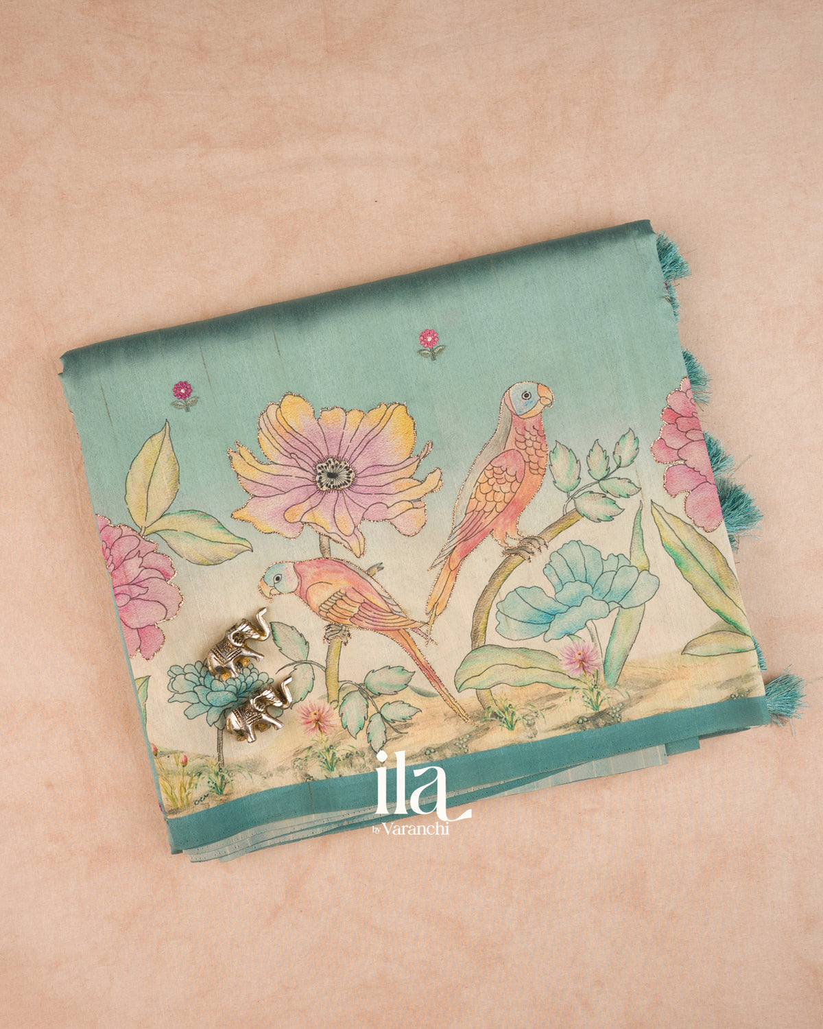 Pastel Blue Painted Floral Aari Work Semi Tussar Saree — Folded