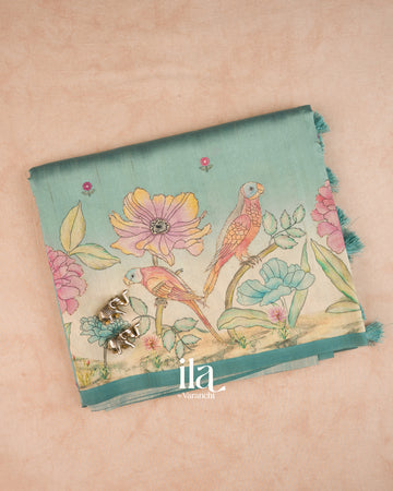 Pastel Blue Painted Floral Aari Work Semi Tussar Saree — Folded