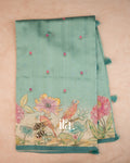Pastel Blue Painted Floral Aari Work Semi Tussar Saree — Full Saree