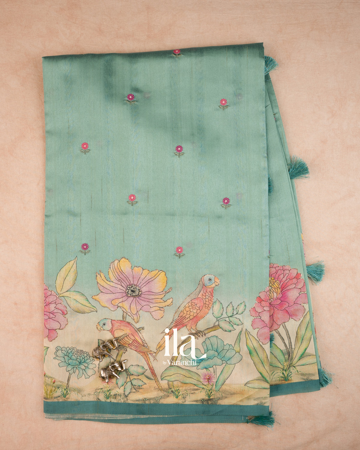 Pastel Blue Painted Floral Aari Work Semi Tussar Saree — Full Saree