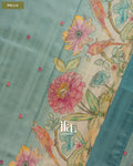 Pastel Blue Painted Floral Aari Work Semi Tussar Saree — Pallu