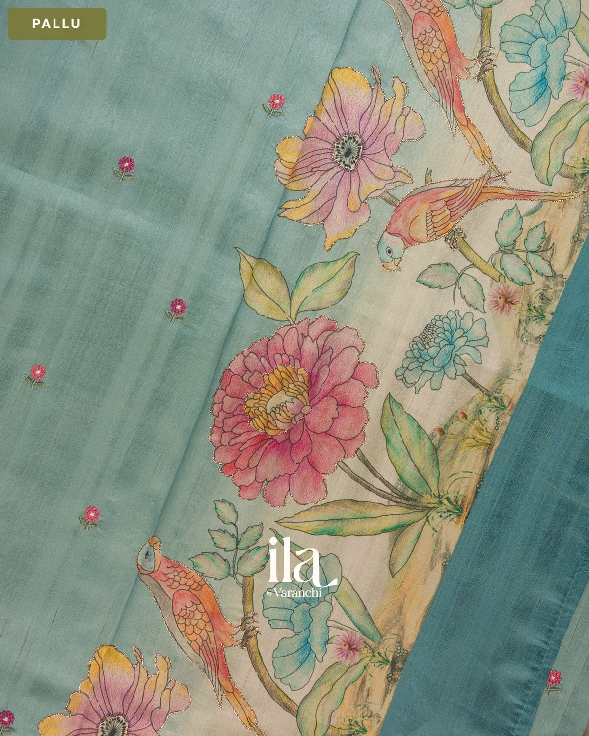 Pastel Blue Painted Floral Aari Work Semi Tussar Saree — Pallu