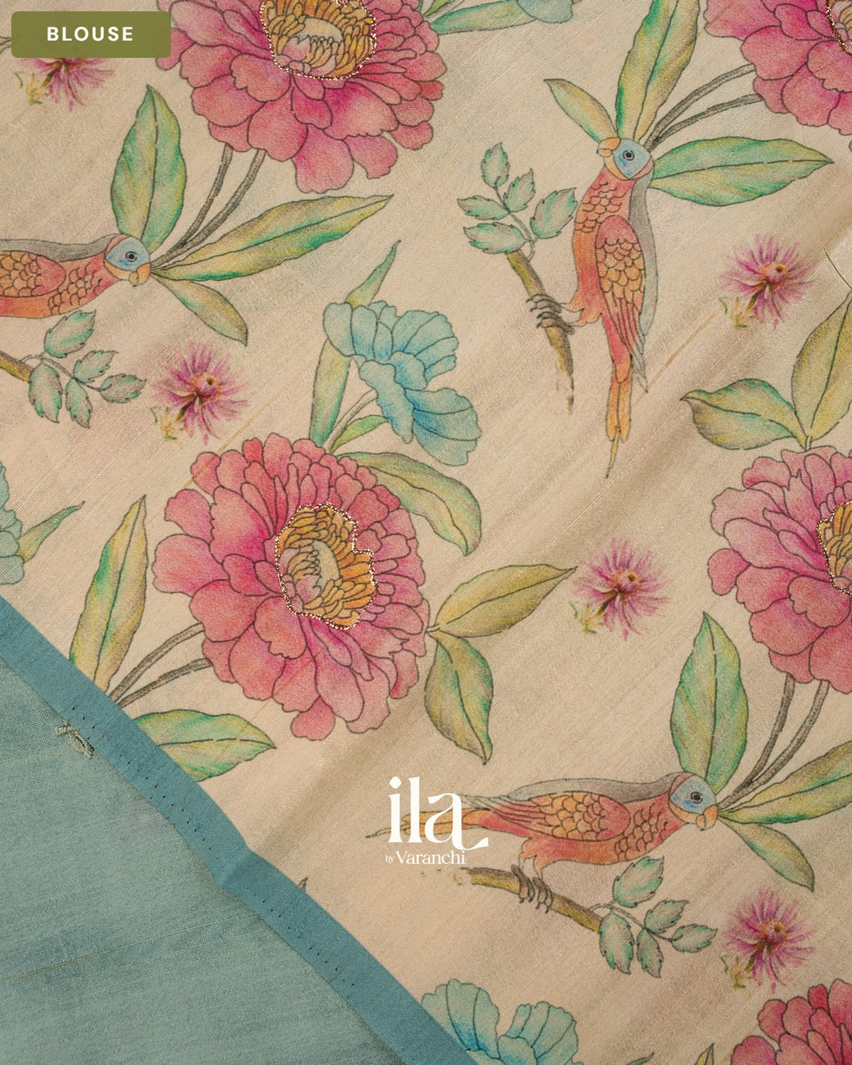 Pastel Blue Painted Floral Aari Work Semi Tussar Saree — Blouse