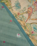 Pastel Blue Painted Floral Aari Work Semi Tussar Saree — Border