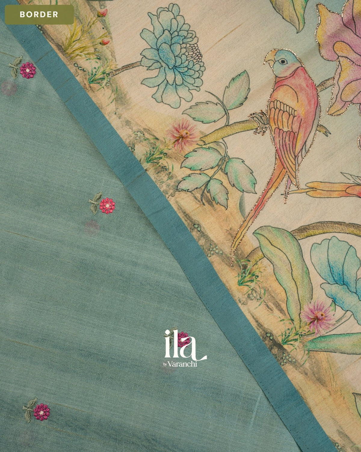 Pastel Blue Painted Floral Aari Work Semi Tussar Saree — Border