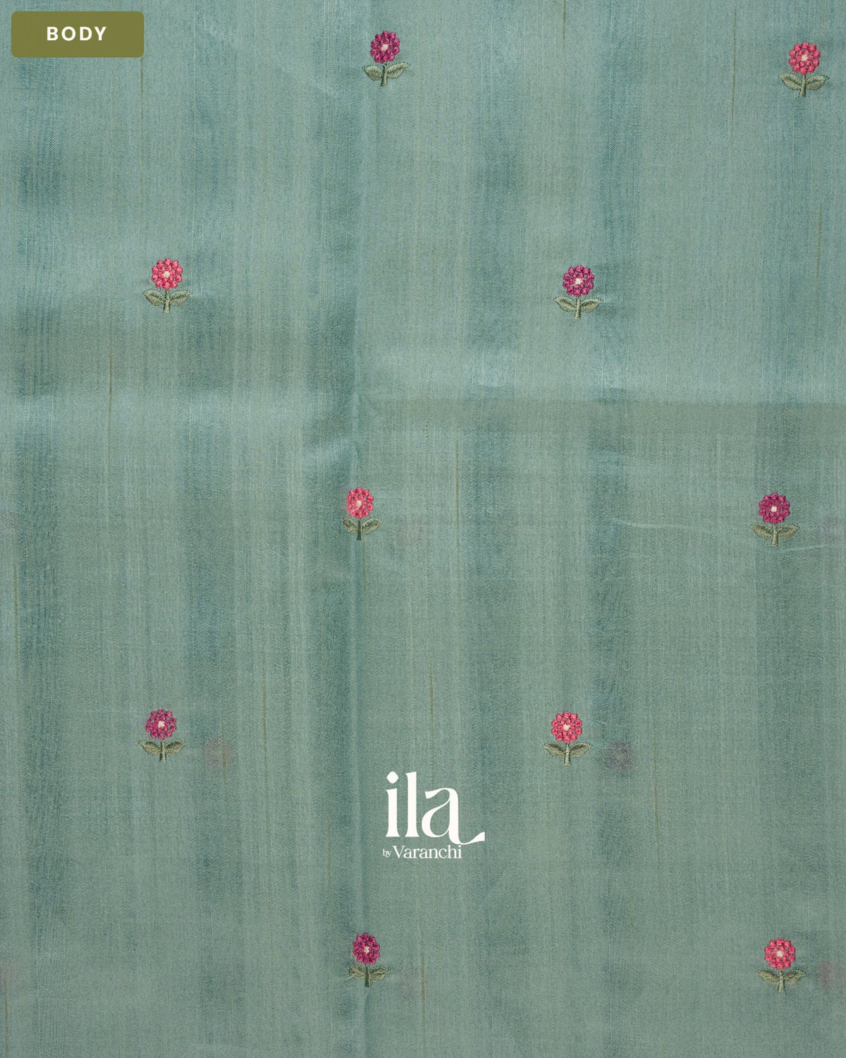 Pastel Blue Painted Floral Aari Work Semi Tussar Saree — Body