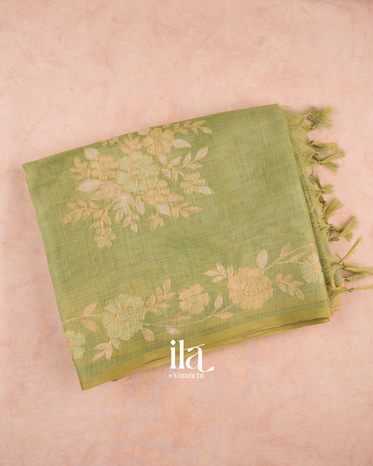 Sage Green Floral Printed and Embroidered Semi Linen Saree