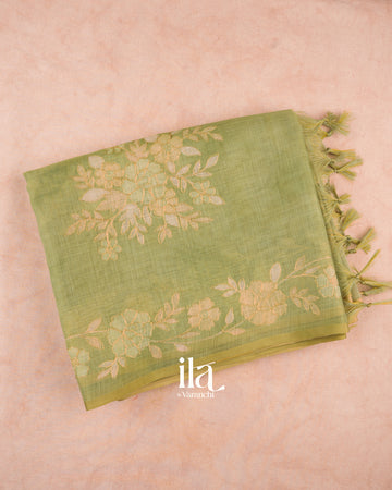 Sage Green Floral Printed and Embroidered Semi Linen Saree