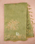 Sage Green Floral Printed and Embroidered Semi Linen Saree