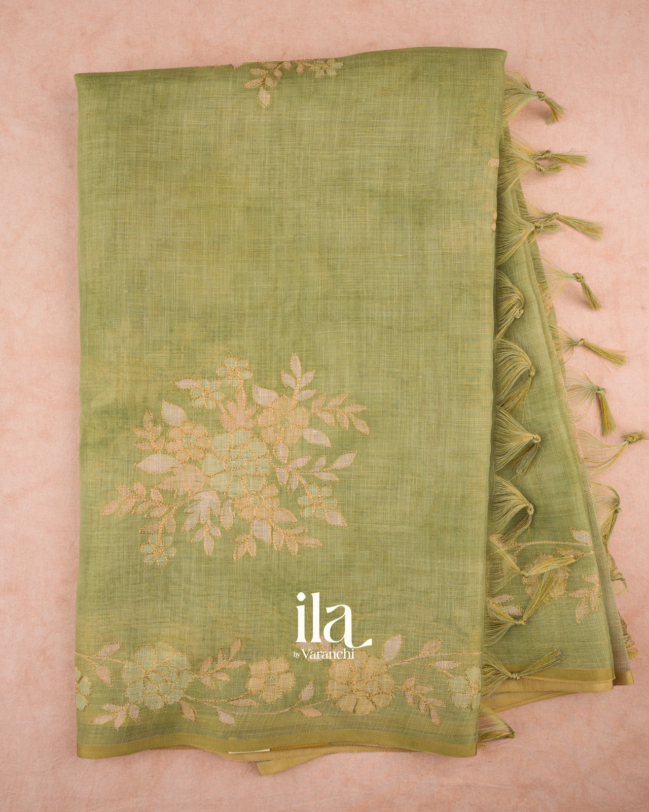 Sage Green Floral Printed and Embroidered Semi Linen Saree