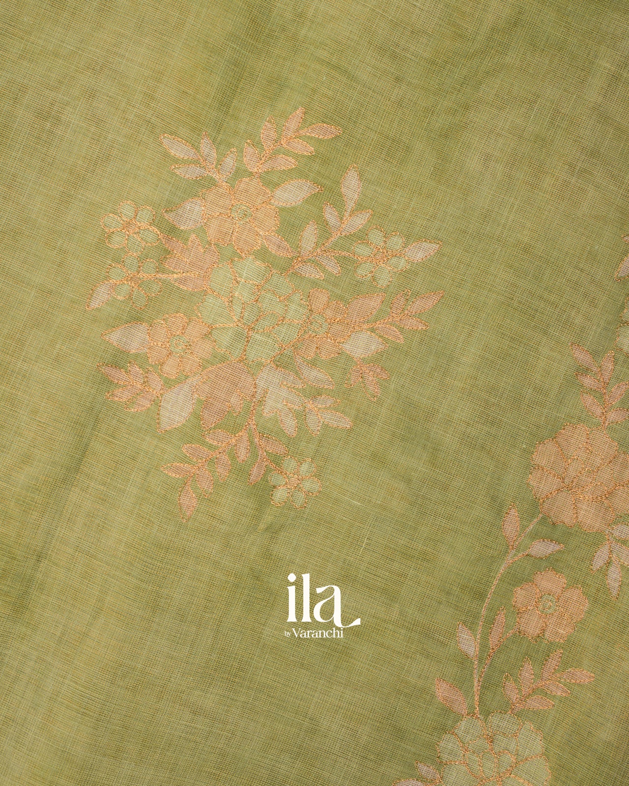 Sage Green Floral Printed and Embroidered Semi Linen Saree
