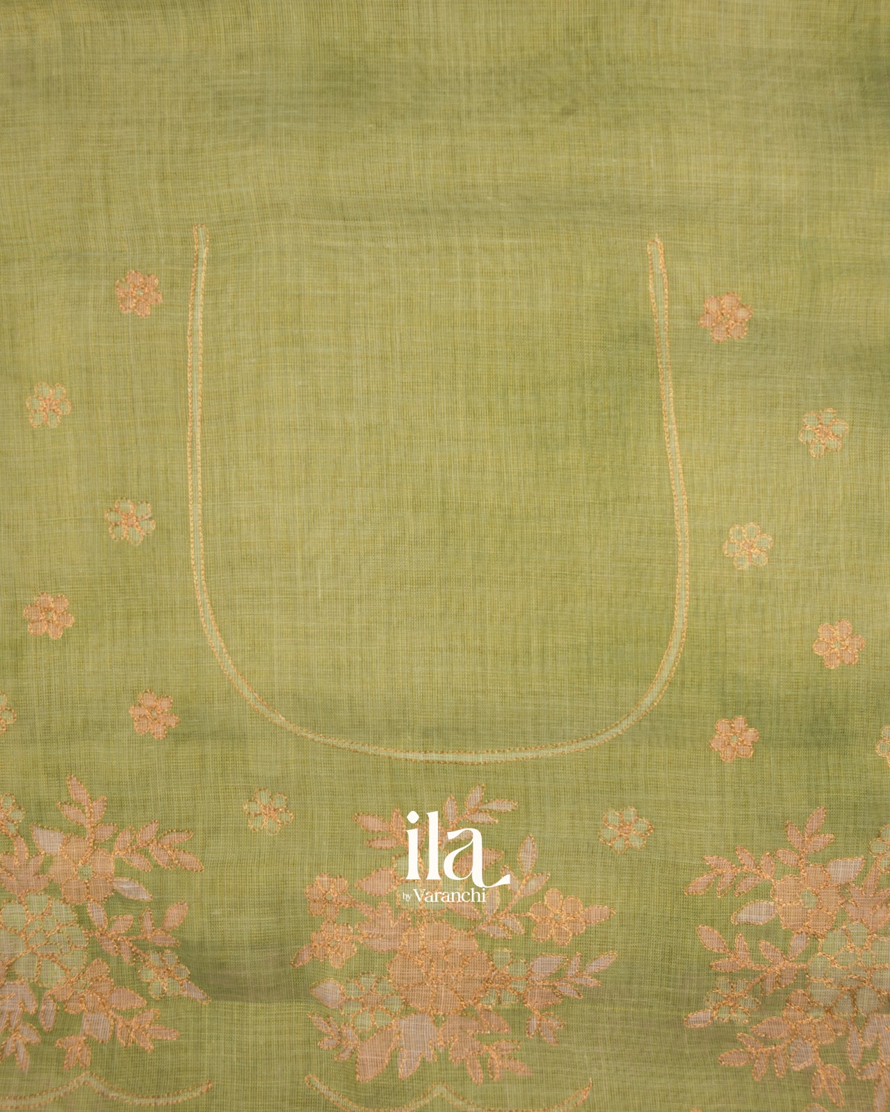 Sage Green Floral Printed and Embroidered Semi Linen Saree