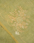 Sage Green Floral Printed and Embroidered Semi Linen Saree