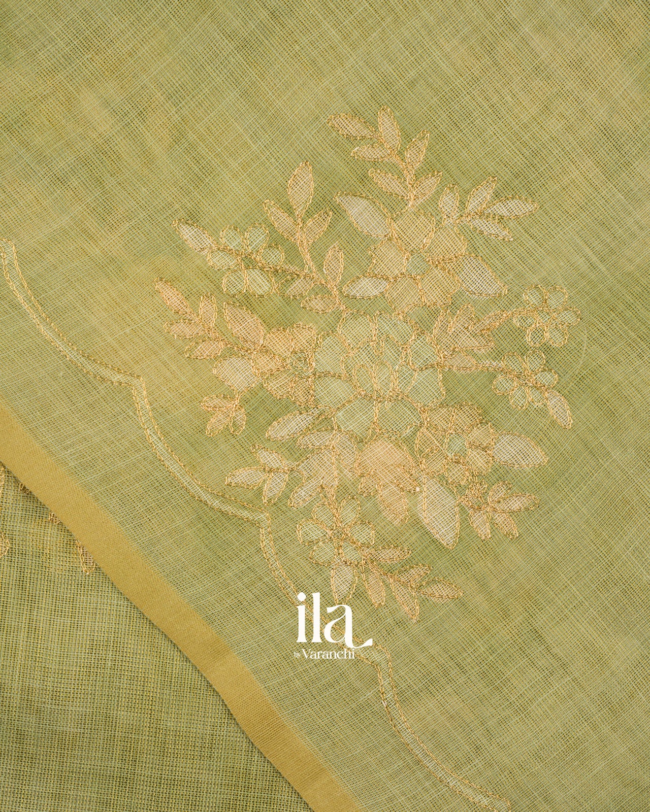 Sage Green Floral Printed and Embroidered Semi Linen Saree