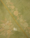 Sage Green Floral Printed and Embroidered Semi Linen Saree