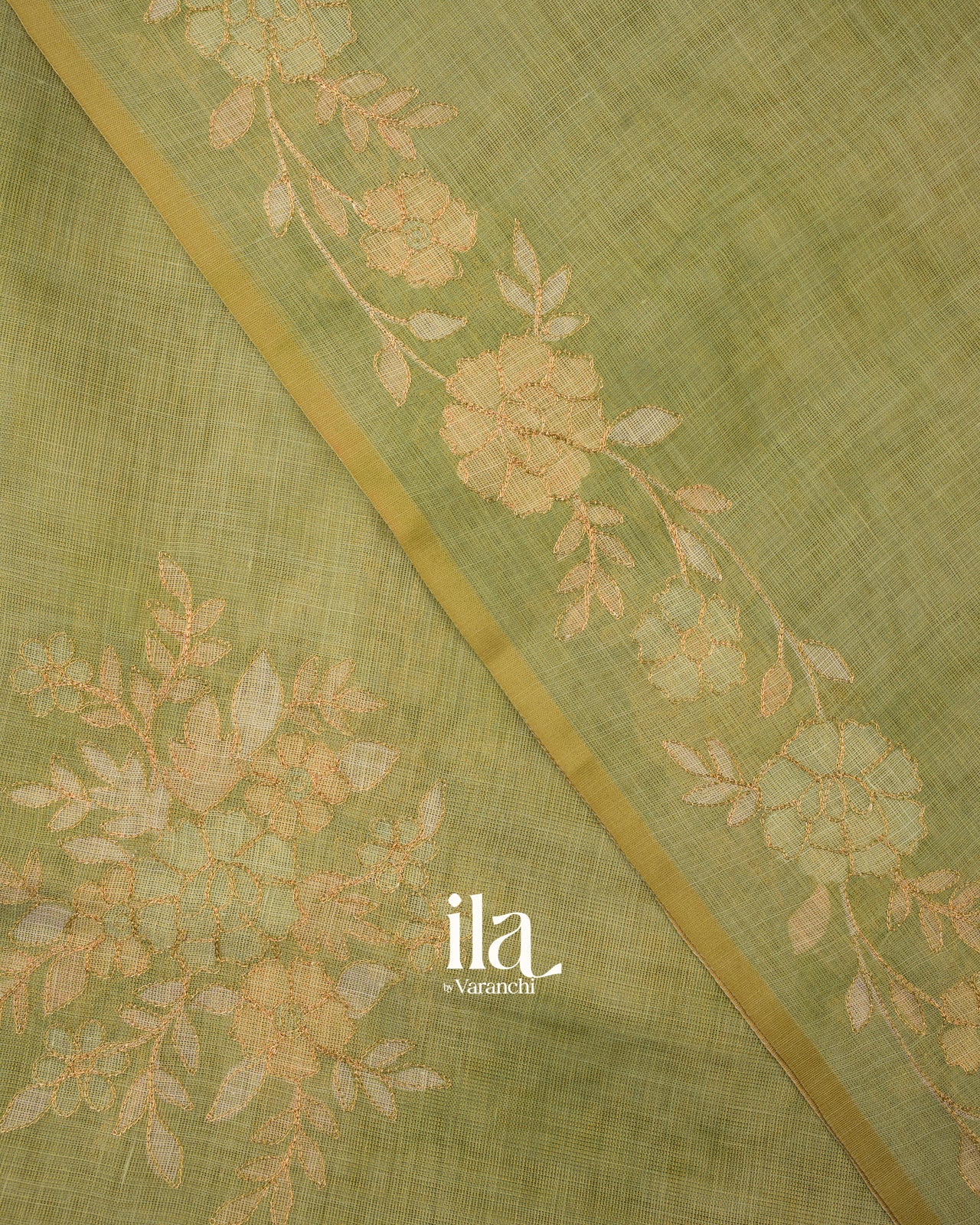 Sage Green Floral Printed and Embroidered Semi Linen Saree