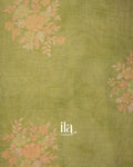 Sage Green Floral Printed and Embroidered Semi Linen Saree