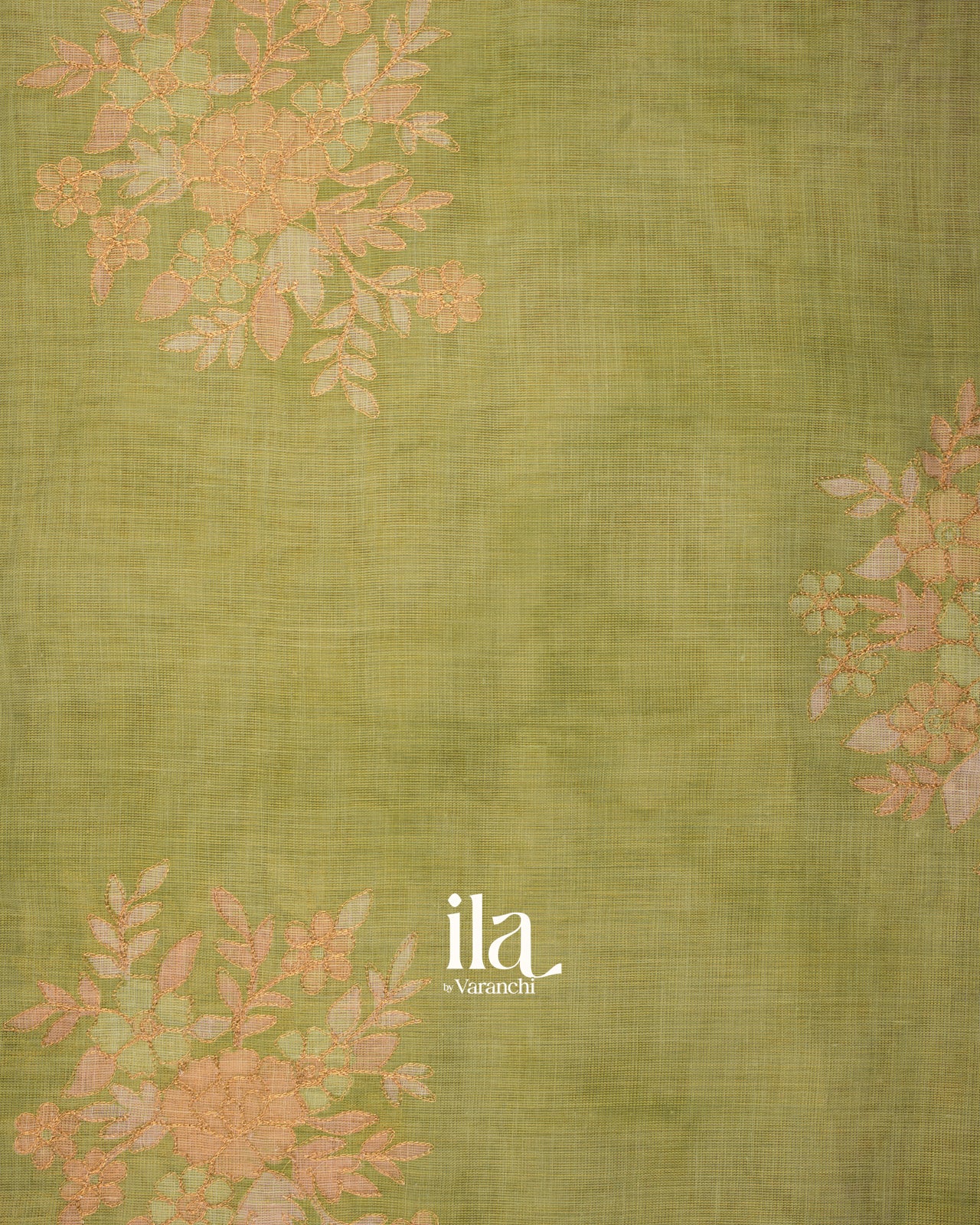 Sage Green Floral Printed and Embroidered Semi Linen Saree