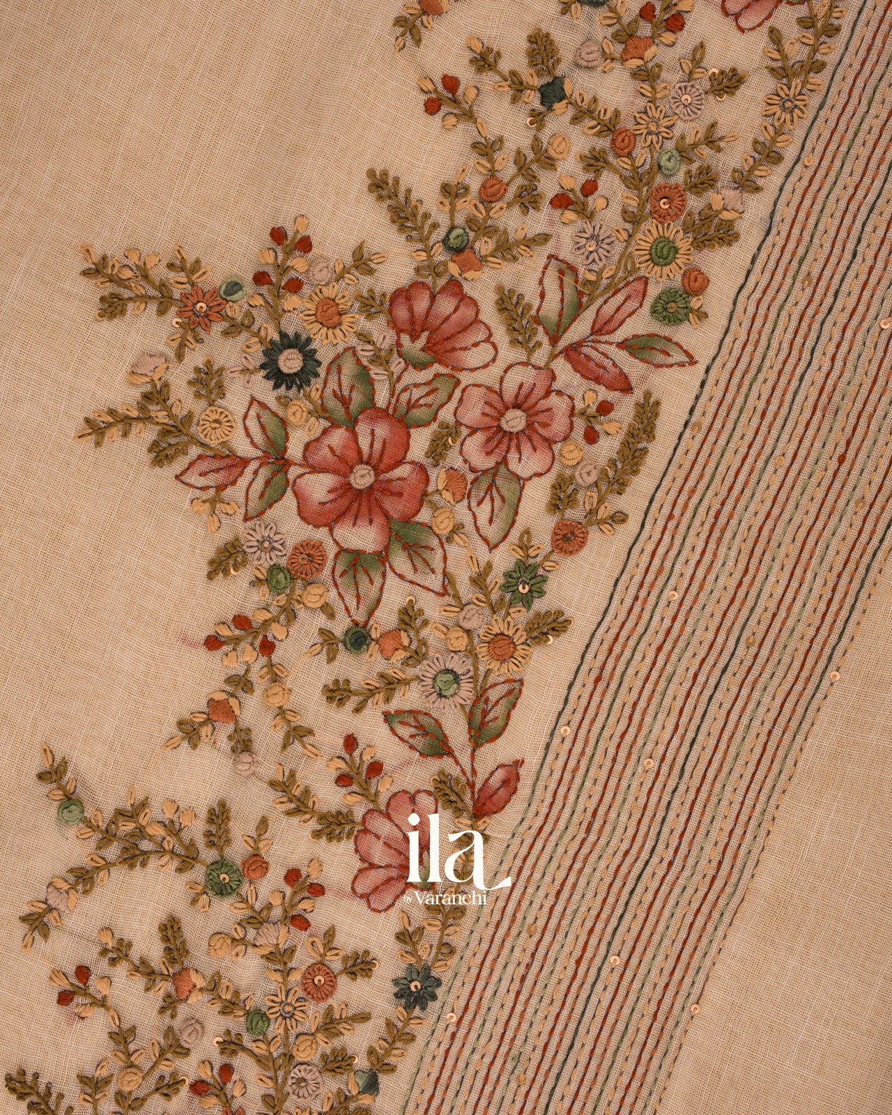 Cream Bullion Embroidery Linen Tissue Saree