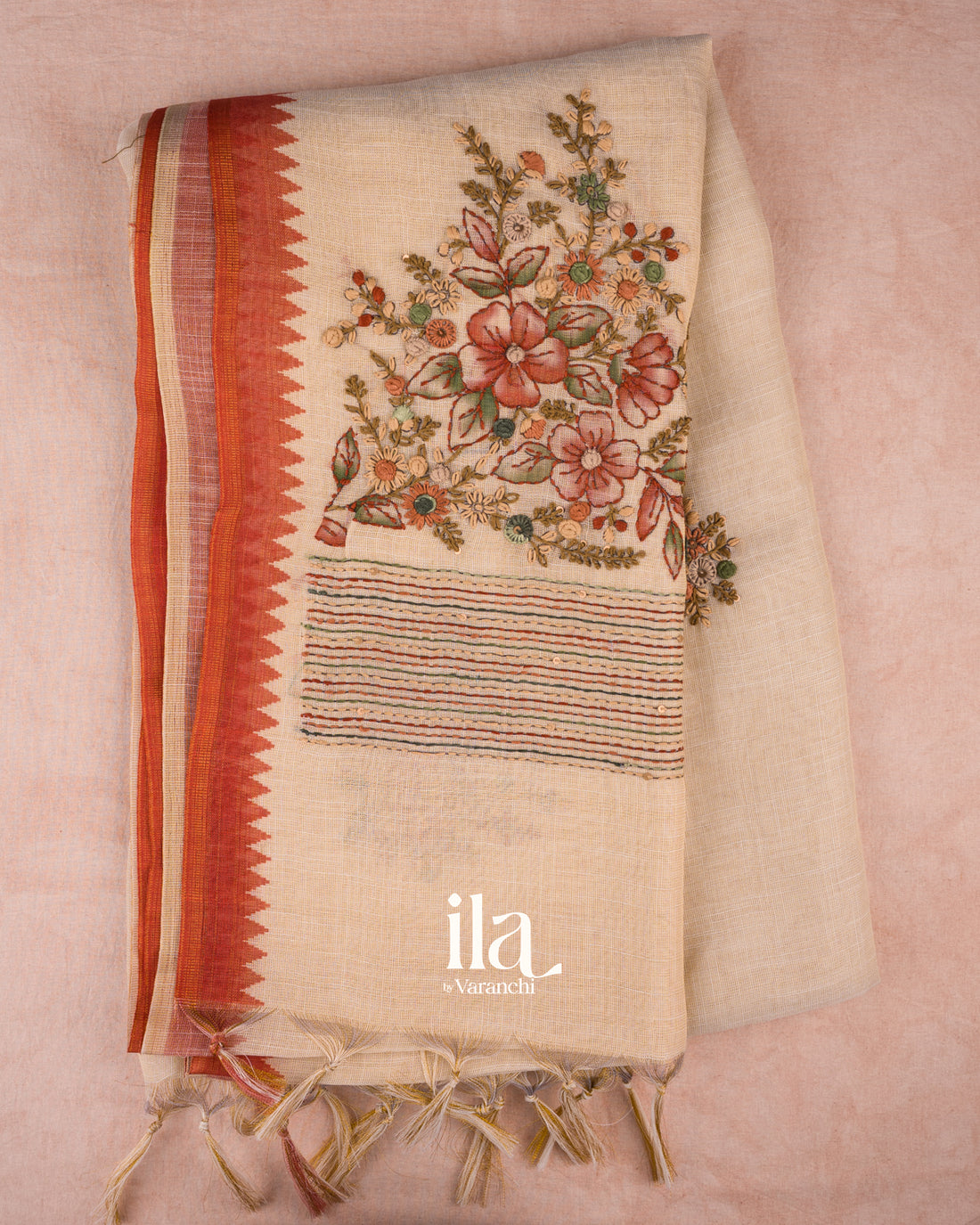 Cream Bullion Embroidery Linen Tissue Saree