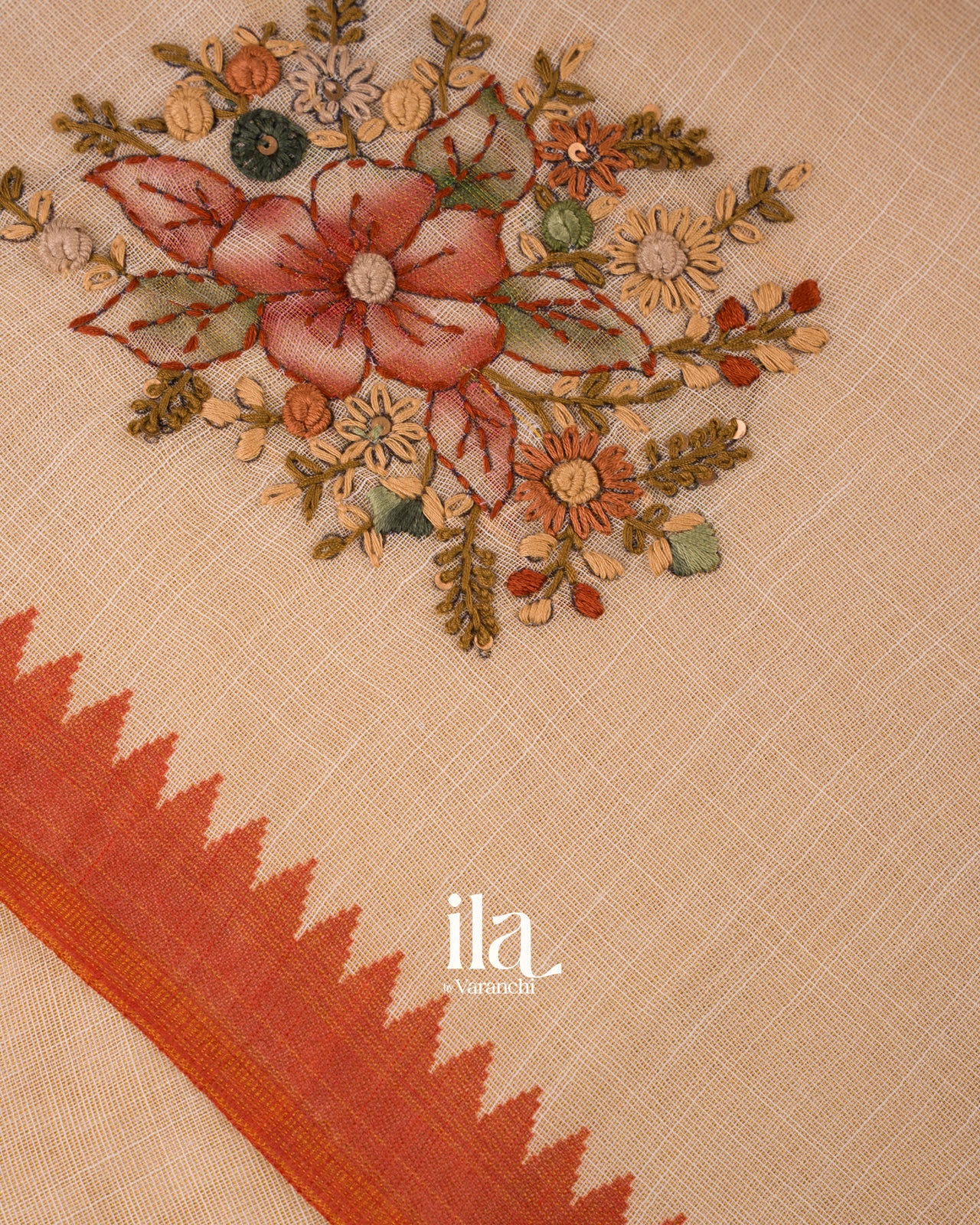 Cream Bullion Embroidery Linen Tissue Saree