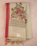 Cream Floral Embroidered Semi Linen Saree